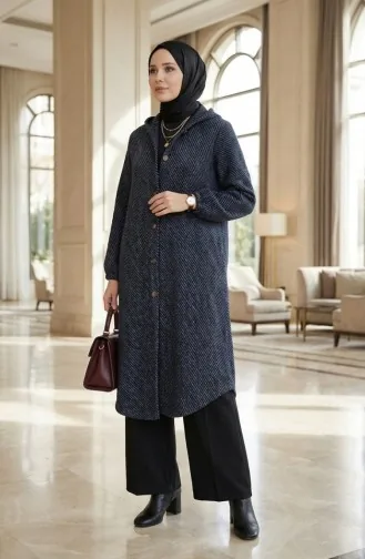 Manteau En Cachemire à Capuche Et Boutons 0201-15 Bleu Marine 0201-15