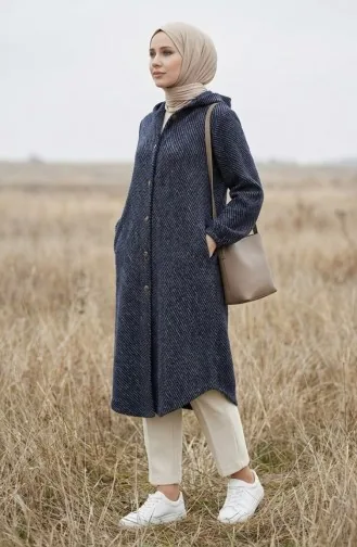 Manteau En Cachemire à Capuche Et Boutons 0201-15 Bleu Marine 0201-15