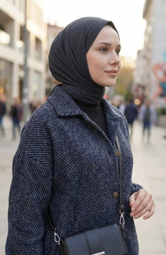 معطف كشمير بغطاء رأس وأزرار 0201-15 أزرق داكن 0201-15