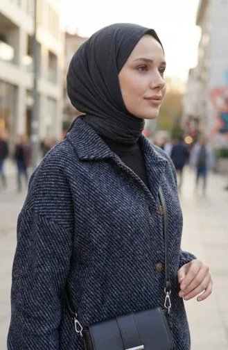 Manteau En Cachemire à Capuche Et Boutons 0201-15 Bleu Marine 0201-15