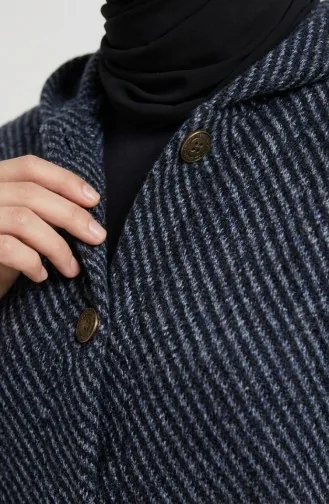Manteau En Cachemire à Capuche Et Boutons 0201-15 Bleu Marine 0201-15