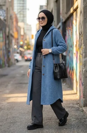 Manteau En Cachemire à Capuche Et Boutons 0201-17 Bleu Glacier 0201-17