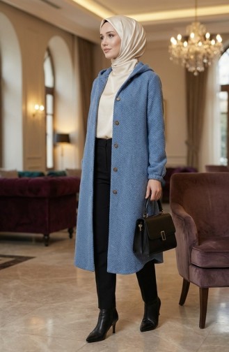 معطف كشمير بغطاء رأس وأزرار 0201-17 أزرق ثلجي 0201-17