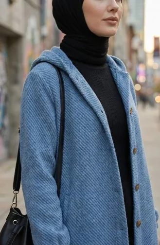 Manteau En Cachemire à Capuche Et Boutons 0201-17 Bleu Glacier 0201-17