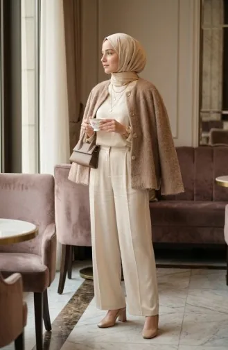 Düğmeli Atkılı Kürk Ceket 6341-02 Vizon