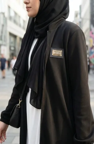 Emblem Detail Zippered Abaya 0229-01 Black 0229-01