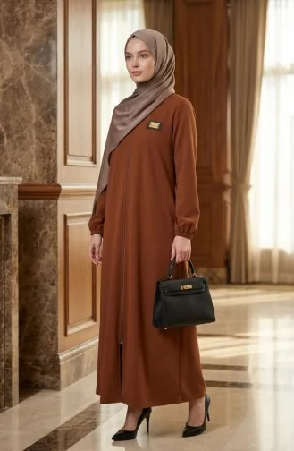 Emblem Detailed Zippered Abaya 0229-02 Tan 0229-02