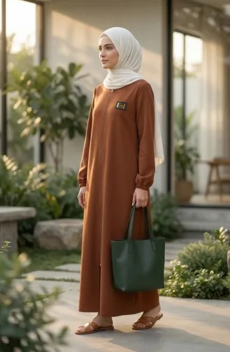 Emblem Detailed Zippered Abaya 0229-02 Tan 0229-02