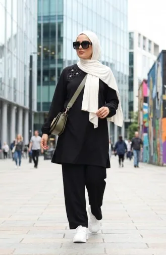 Tuniek En Broek Met Steenversiering Tweedelig Set 0230-01 Zwart 0230-01