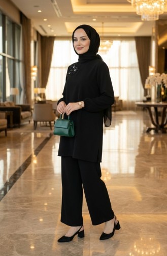 طقم مكون من قطعتين سترة وبنطال مزينان بالأحجار، أسود اللون 0230-01 0230-01