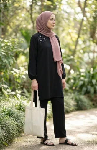 Tuniek En Broek Met Steenversiering Tweedelig Set 0230-01 Zwart 0230-01