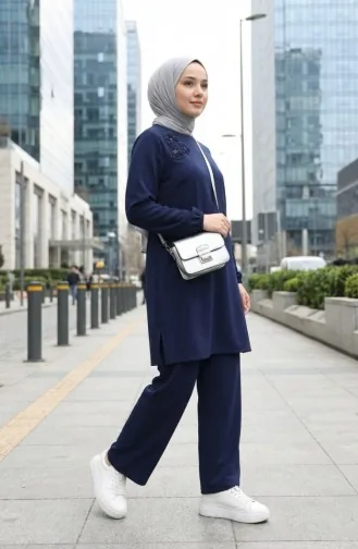 Tuniek En Broek Met Steenversiering Tweedelig Set 0230-03 Marineblauw 0230-03