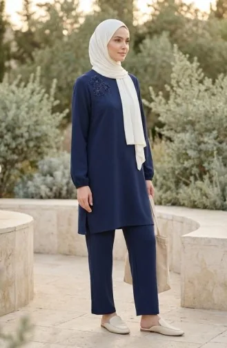 Tuniek En Broek Met Steenversiering Tweedelig Set 0230-03 Marineblauw 0230-03