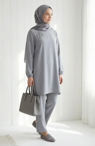 Ensemble Deux Pièces Tunique Et Pantalon Orné De Pierres 0230-04 Gris 0230-04