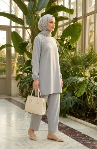 Ensemble Deux Pièces Tunique Et Pantalon Orné De Pierres 0230-04 Gris 0230-04