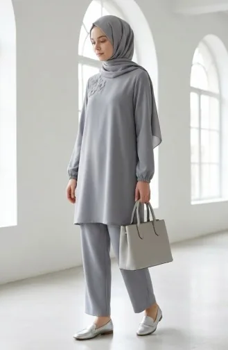 Ensemble Deux Pièces Tunique Et Pantalon Orné De Pierres 0230-04 Gris 0230-04