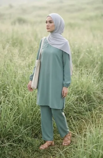 Ensemble Deux Pièces Tunique Et Pantalon Orné De Pierres 0230-05 Vert Clair 0230-05