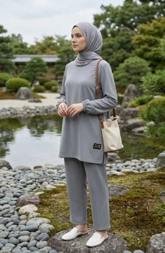 Arma Detaylı Tunik Pantolon İkili Takım 0231-01 Gri