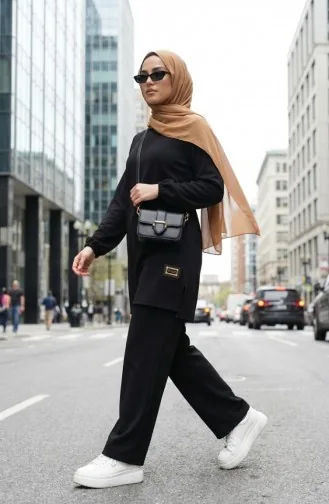 Ensemble Deux Pièces Tunique Et Pantalon Avec Emblème 0231-04 Noir 0231-04