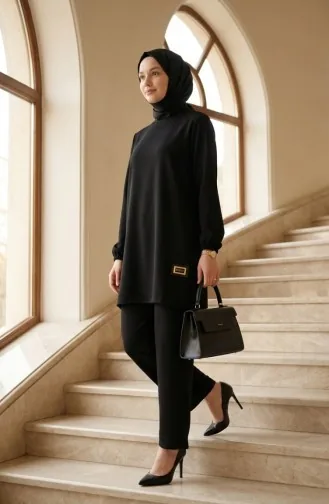 Ensemble Deux Pièces Tunique Et Pantalon Avec Emblème 0231-04 Noir 0231-04
