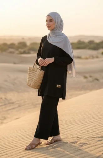 Ensemble Deux Pièces Tunique Et Pantalon Avec Emblème 0231-04 Noir 0231-04