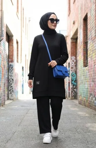 Ensemble Deux Pièces Tunique Et Pantalon Côtelés à Emblème Détaillé 0232-01 Noir 0232-01