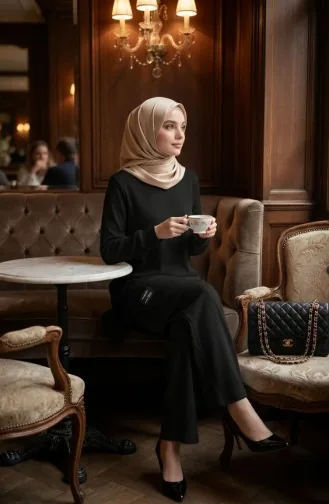 Ensemble Deux Pièces Tunique Et Pantalon Côtelés à Emblème Détaillé 0232-01 Noir 0232-01