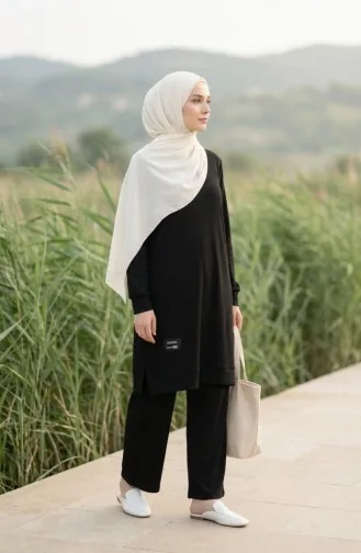 Ensemble Deux Pièces Tunique Et Pantalon Côtelés à Emblème Détaillé 0232-01 Noir 0232-01