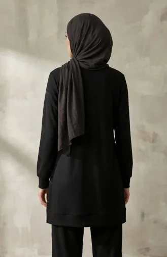 Ensemble Deux Pièces Tunique Et Pantalon Côtelés à Emblème Détaillé 0232-01 Noir 0232-01