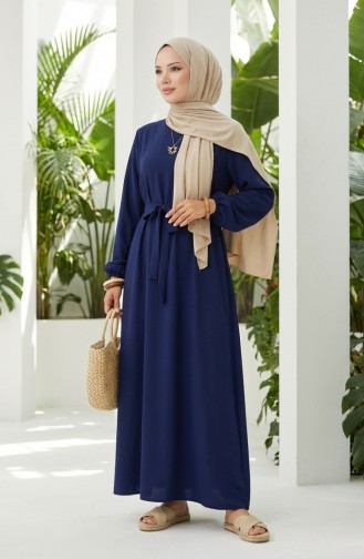 Robe Ceinturée à Manches élastiquées 2151-01 Bleu Marine 2151-01
