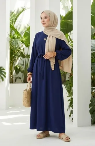 Kleid Mit Elastischen Ärmeln Und Gürtel 2151-01 Dunkelblau 2151-01