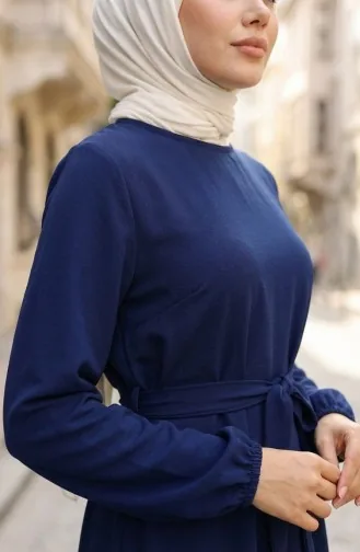 Kleid Mit Elastischen Ärmeln Und Gürtel 2151-01 Dunkelblau 2151-01