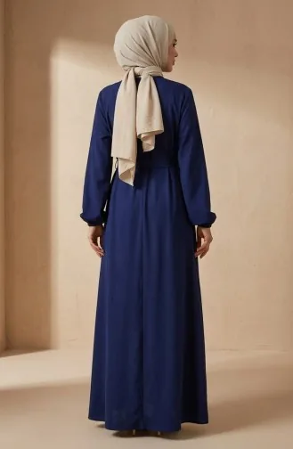 Kleid Mit Elastischen Ärmeln Und Gürtel 2151-01 Dunkelblau 2151-01
