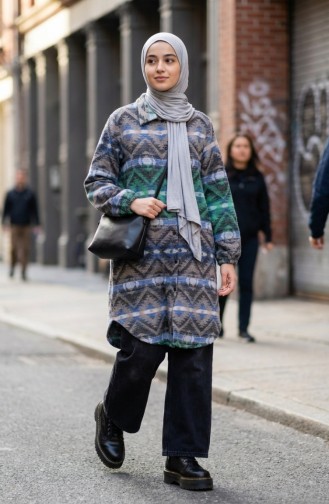 Patterned Buttoned Lumberjack Winter Tunic 2502-02 Green Blue 2502-02