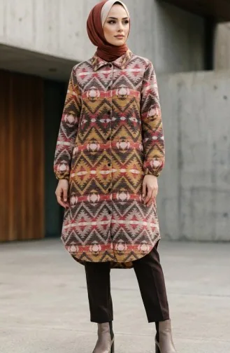 Tunique D`hiver De Bûcheron à Boutons Et à Motifs 2502-03 Marron Rouge 2502-03