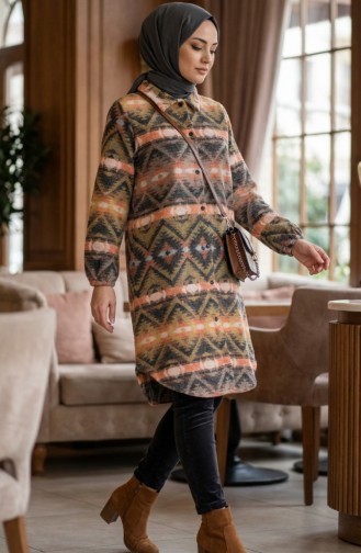 Patterned Buttoned Lumberjack Winter Tunic 2502-05 Orange Beige 2502-05