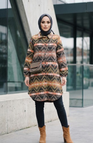 Patterned Buttoned Lumberjack Winter Tunic 2502-05 Orange Beige 2502-05