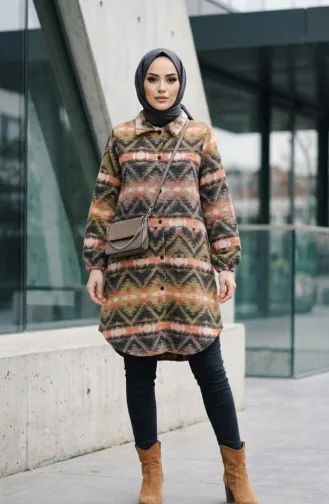 Gemusterte Geknöpfte Wintertunika Im Holzfällerstil 2502-05 Orange Beige 2502-05