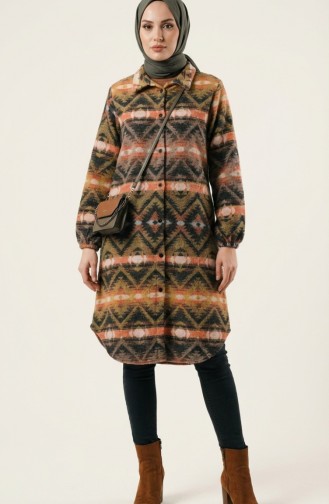 Patterned Buttoned Lumberjack Winter Tunic 2502-05 Orange Beige 2502-05