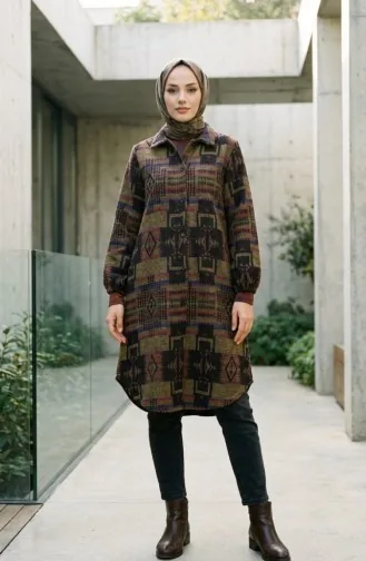 Tunique D`hiver De Bûcheron à Boutons à Motifs 2503-03 Violet Moutarde 2503-03