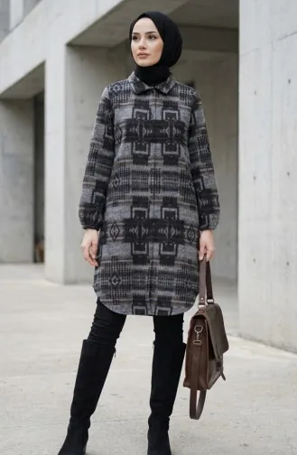 Gemusterte Geknöpfte Holzfäller-Wintertunika 2503-05 Grau Hellbraun 2503-05