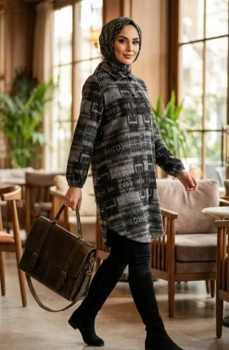 Gemusterte Geknöpfte Holzfäller-Wintertunika 2503-05 Grau Hellbraun 2503-05