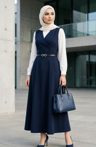 Kurzarm-Westenkleid Mit Knöpfen Und Gürtel Modell 5095-01 Marineblau 5095-01