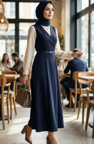 فستان صدرية بأكمام قصيرة وأزرار وحزام، لون كحلي 5095-01 5095-01