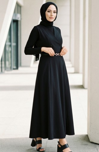 Robe Gilet à Manches Courtes Boutonnée Et Ceinture 5095-02 Noir 5095-02