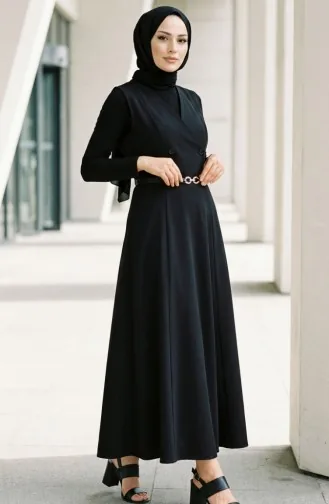 Robe Gilet à Manches Courtes Boutonnée Et Ceinture 5095-02 Noir 5095-02