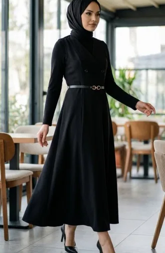 Robe Gilet à Manches Courtes Boutonnée Et Ceinture 5095-02 Noir 5095-02