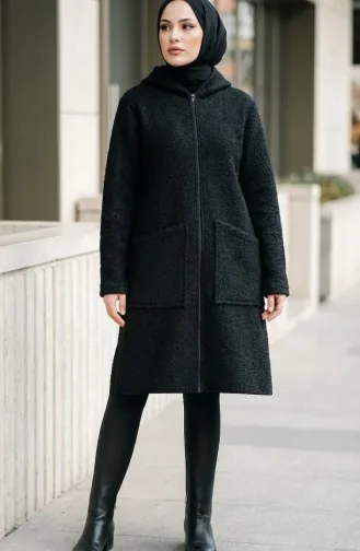 Wintermantel Mit Kapuze Reißverschluss Und Taschen 2211-02 Schwarz 2211-02