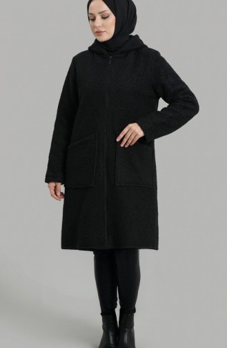معطف شتوي أسود بغطاء رأس وسحاب وجيوب، رقم الموديل 2211-02 2211-02