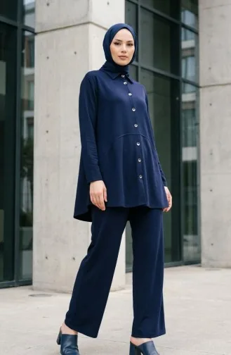Tweedelig Setje Met Overhemdkraag Tuniek En Broek Model 2210-02 Marineblauw 2210-02